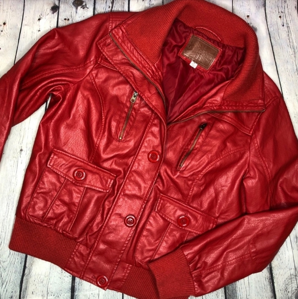 Miss London Red Faux Leather Moto Jacket